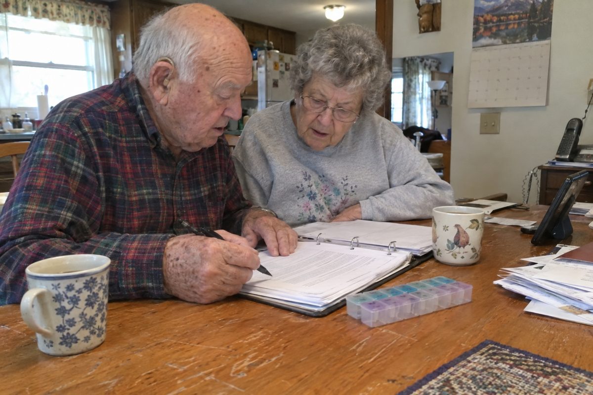 An older couple going through a binder of printed pages together at the kitchen table