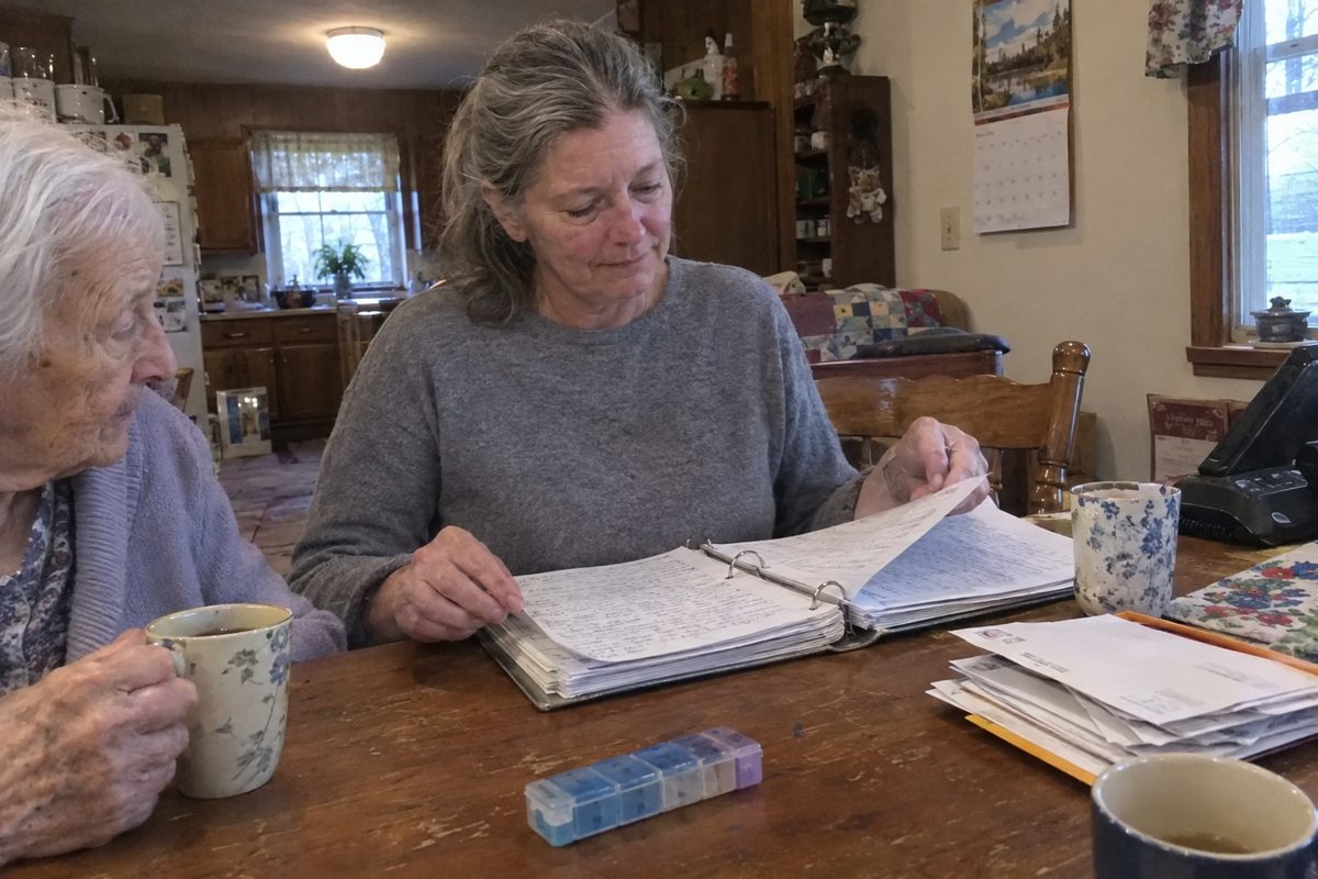 A grown daughter beside her elderly mother at the kitchen table, turning the pages of a filled-in binder