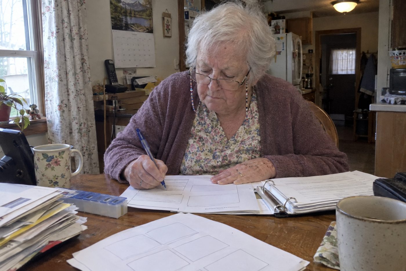 A woman in her seventies at her kitchen table, filling in printed pages with a pen