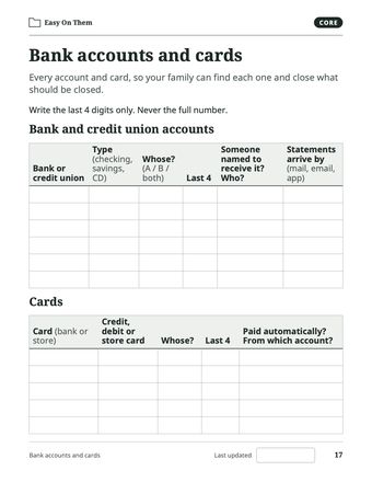 Page 17: Bank accounts and cards: last 4 digits only